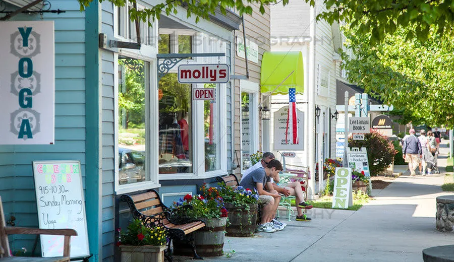 Local Leelanau sidewalk with small businesses