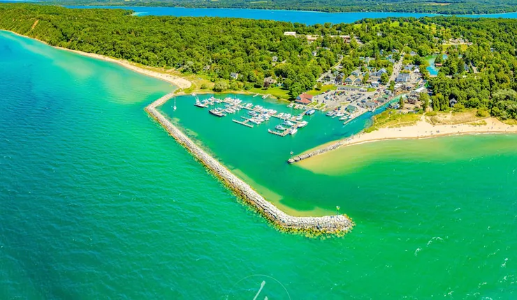 Aerial view of Leland harbor and shoreline